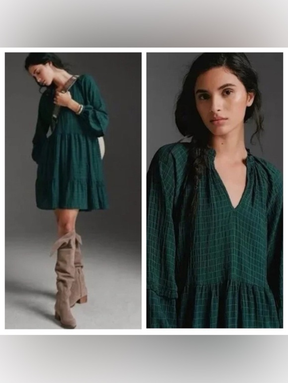 Mare Mare x Anthropologie Emerald Grid Tiered V-Neck Mini Dress size small